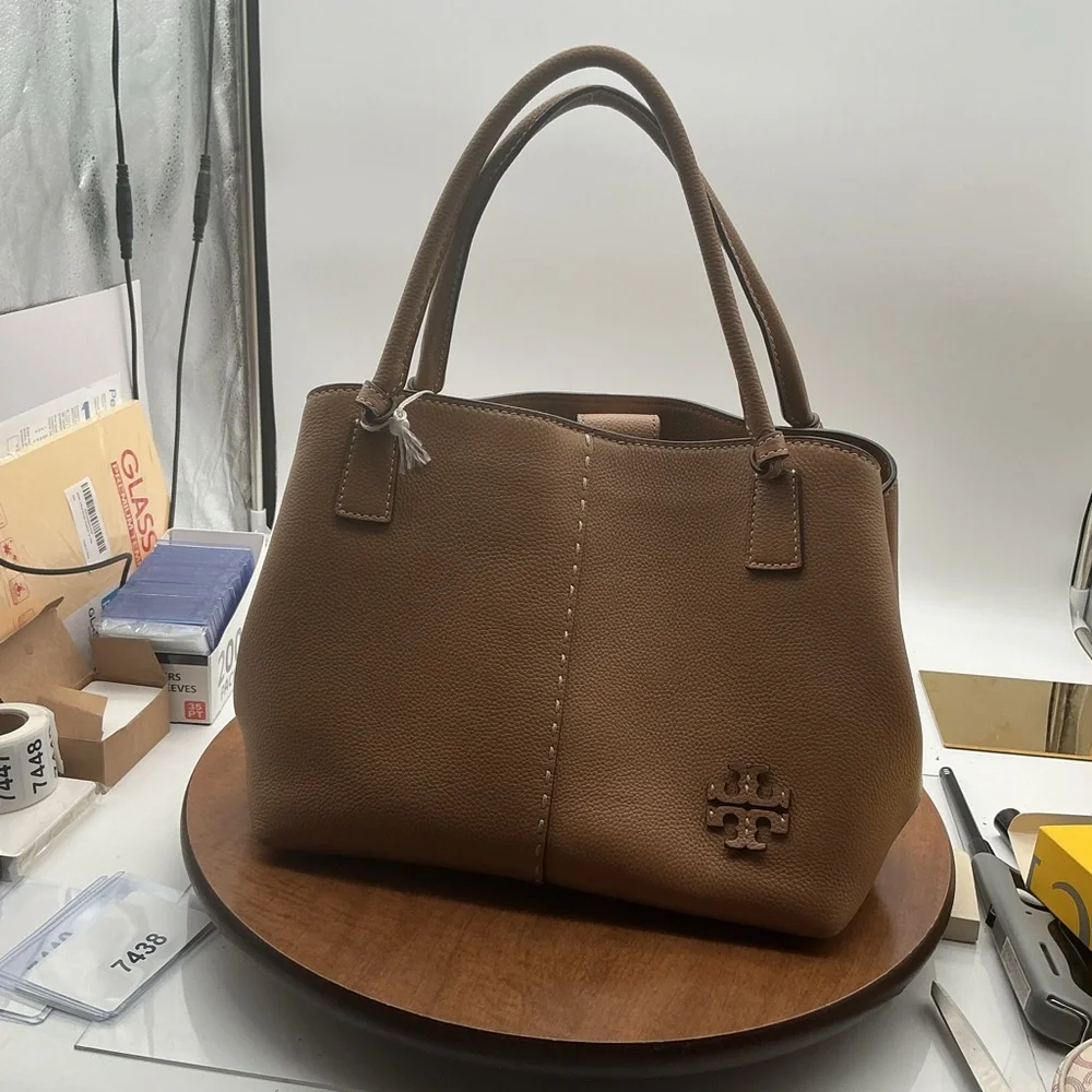Tory Burch Tan Pebbled Leather Tote with Logo